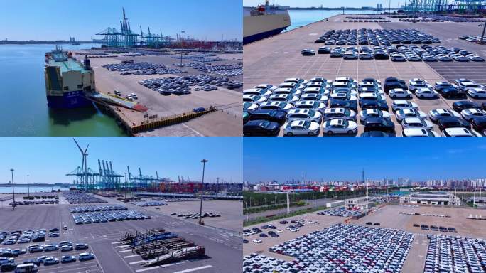 航拍港口新能源汽车生产平行出口