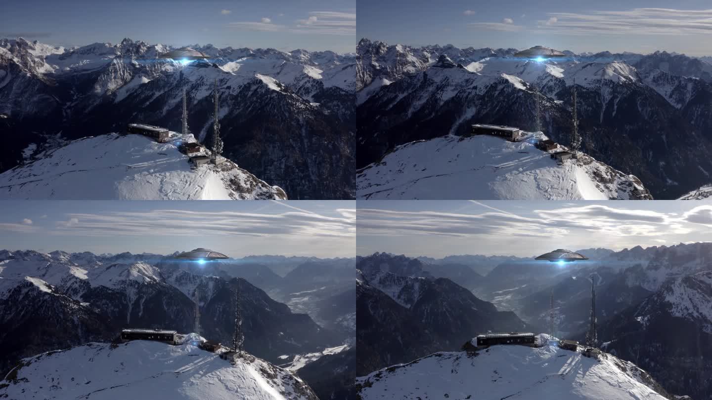 飞碟盘旋接近基地天线，阿尔卑斯山欧洲，航空俯瞰基于阿尔卑斯山，不明飞行物概念的共济失调塔