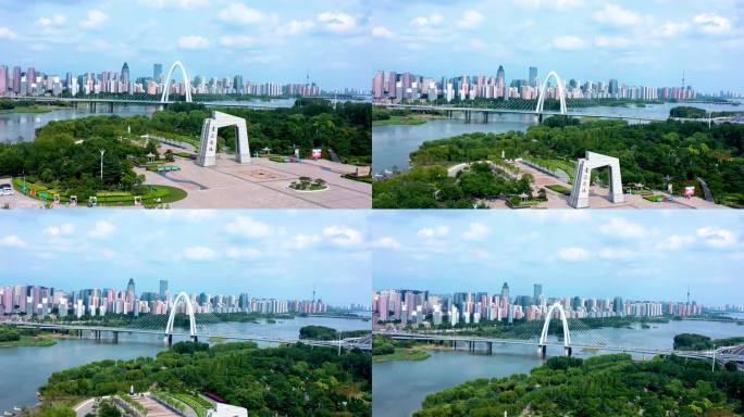 航拍山东省临沂市祊河沂龙湾大桥风景