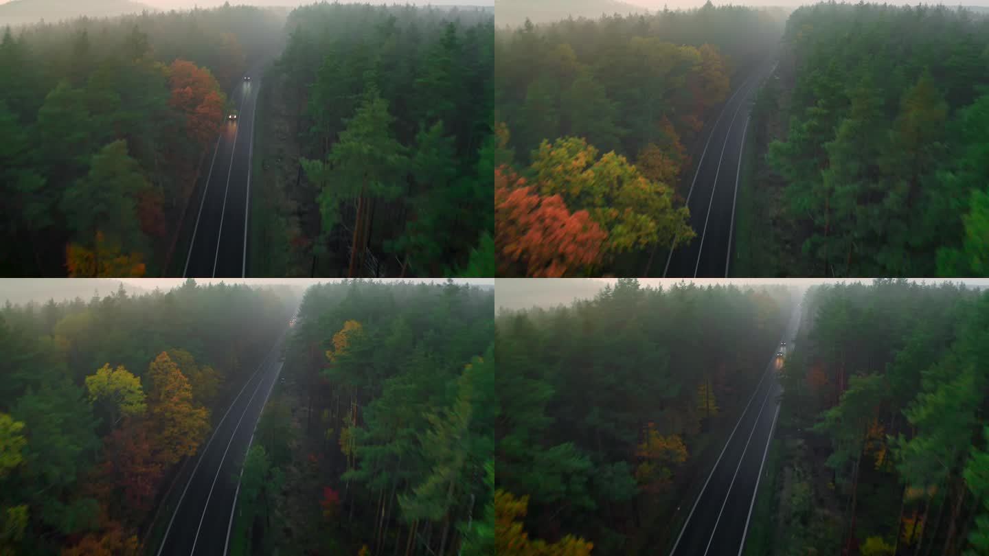 有亮前灯的汽车在多云的夜晚行驶在高速公路上穿过秋天的森林.荒野中的沥青双车道公路，被雾气笼罩着