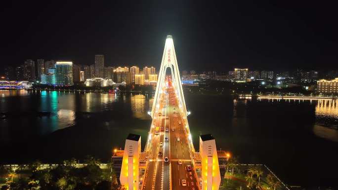 海南海口市世纪大桥及城市全景夜景航拍06