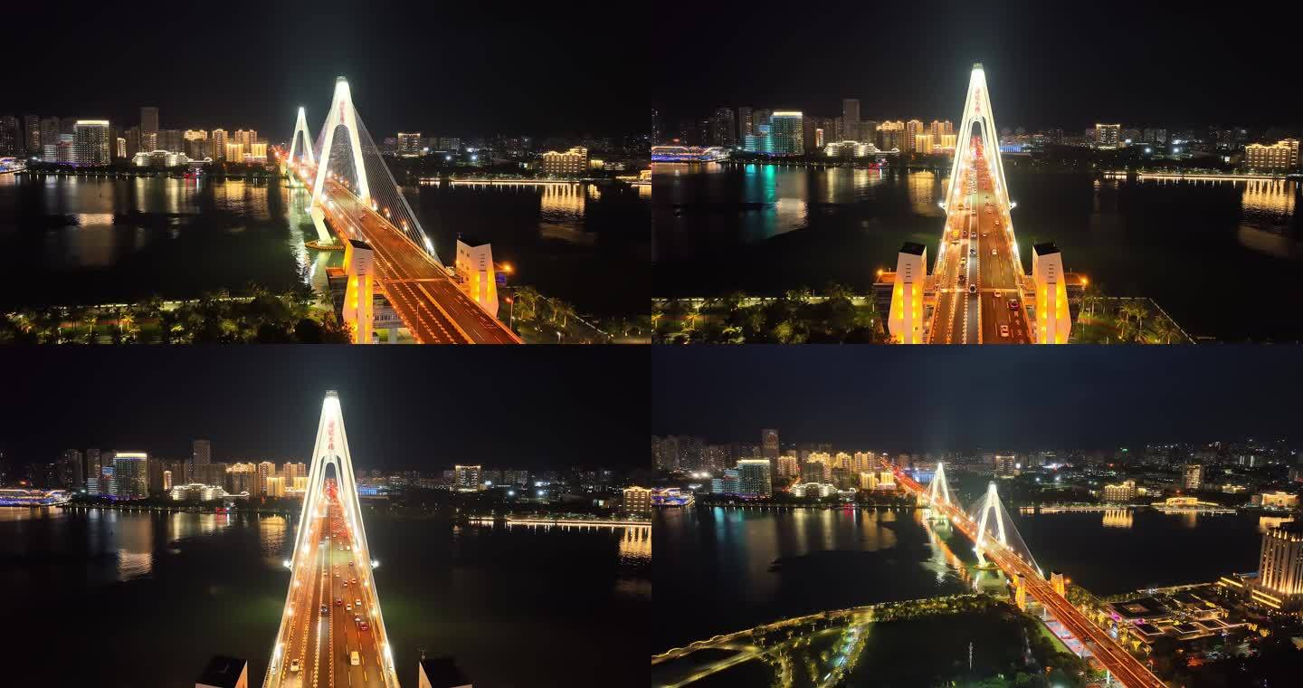 海南海口市世纪大桥及城市全景夜景航拍06