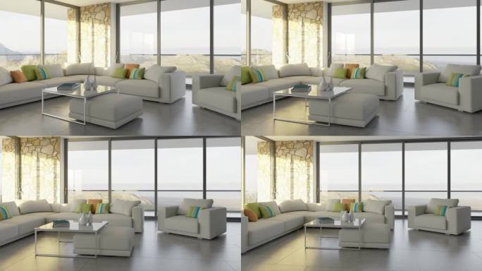3d视频渲染镜头客厅的当代室内设计。客厅的时尚内部