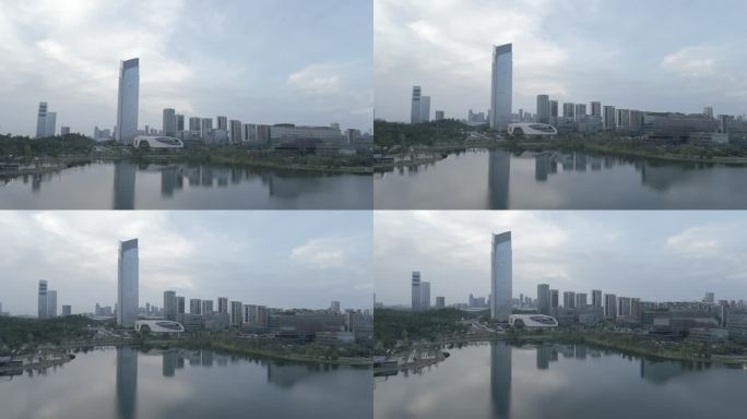 成都兴隆湖湿地公园航拍湖面与建筑休闲娱乐