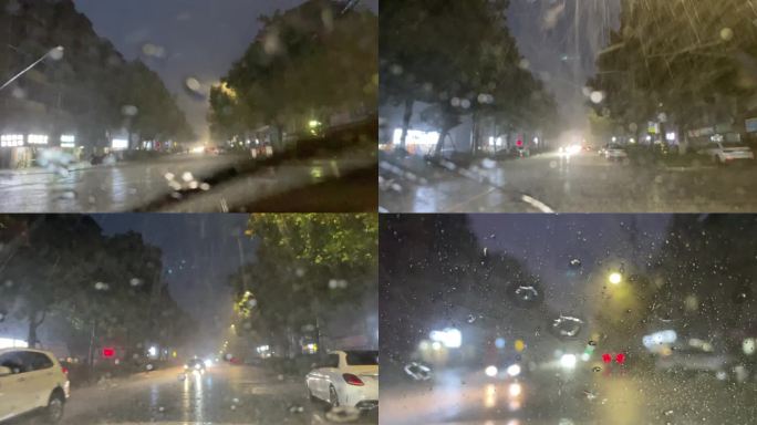 城市雨天夜晚暴雨大雨车辆行驶车灯雨刮器