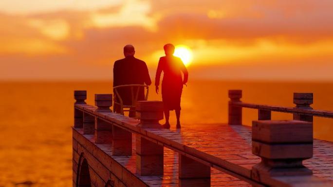 夕阳码头上孤独的老年夫妻背影