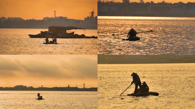 清晨渔民在海上放网捕鱼