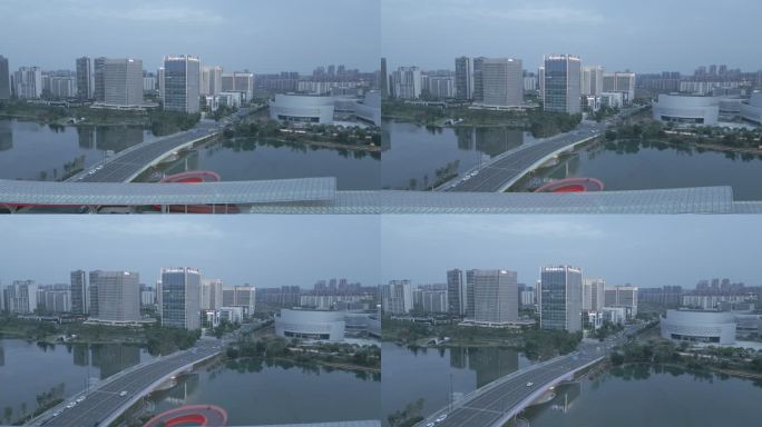 成都新川之心公园湖面走廊航拍4K建筑素材