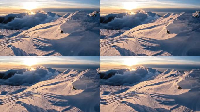 日落时分,在阿尔卑斯山中,冬天结冰的山,美丽的景色.自由旅行的背景.多莉拍的全景 