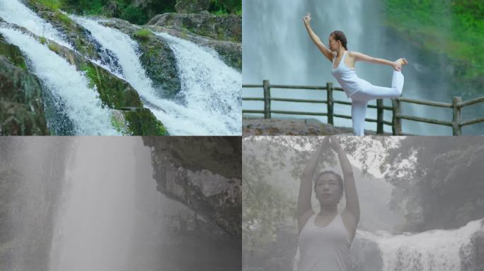 4K高速壮观的瀑布前美女练瑜伽