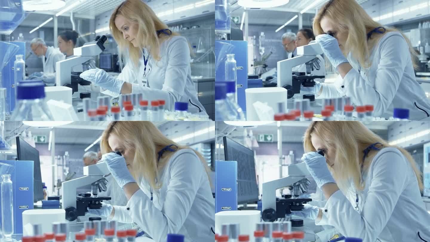 女性研究的科学家在生物样品在显微镜下看起来。她和她的同事在一个大的现代实验室工作.