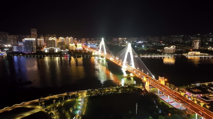 海南海口市世纪大桥及城市全景夜景航拍08