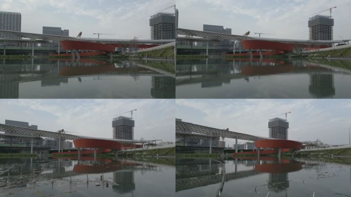成都新川之心公园湖面航拍4K建筑素材