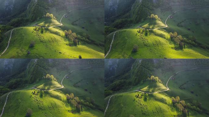 春天，绿山映衬下的山景。罗马尼亚阿普塞尼山区Dumesti村的空中景观