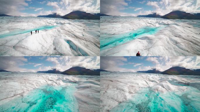 阿拉斯加山上美丽的蓝色冰川的空中视频.