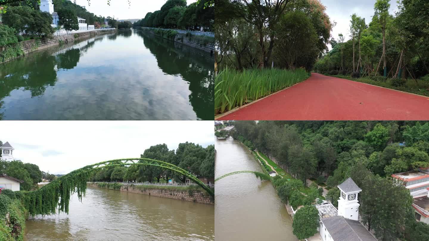 昆明安宁温泉航拍全貌 河流跑道 地标建筑