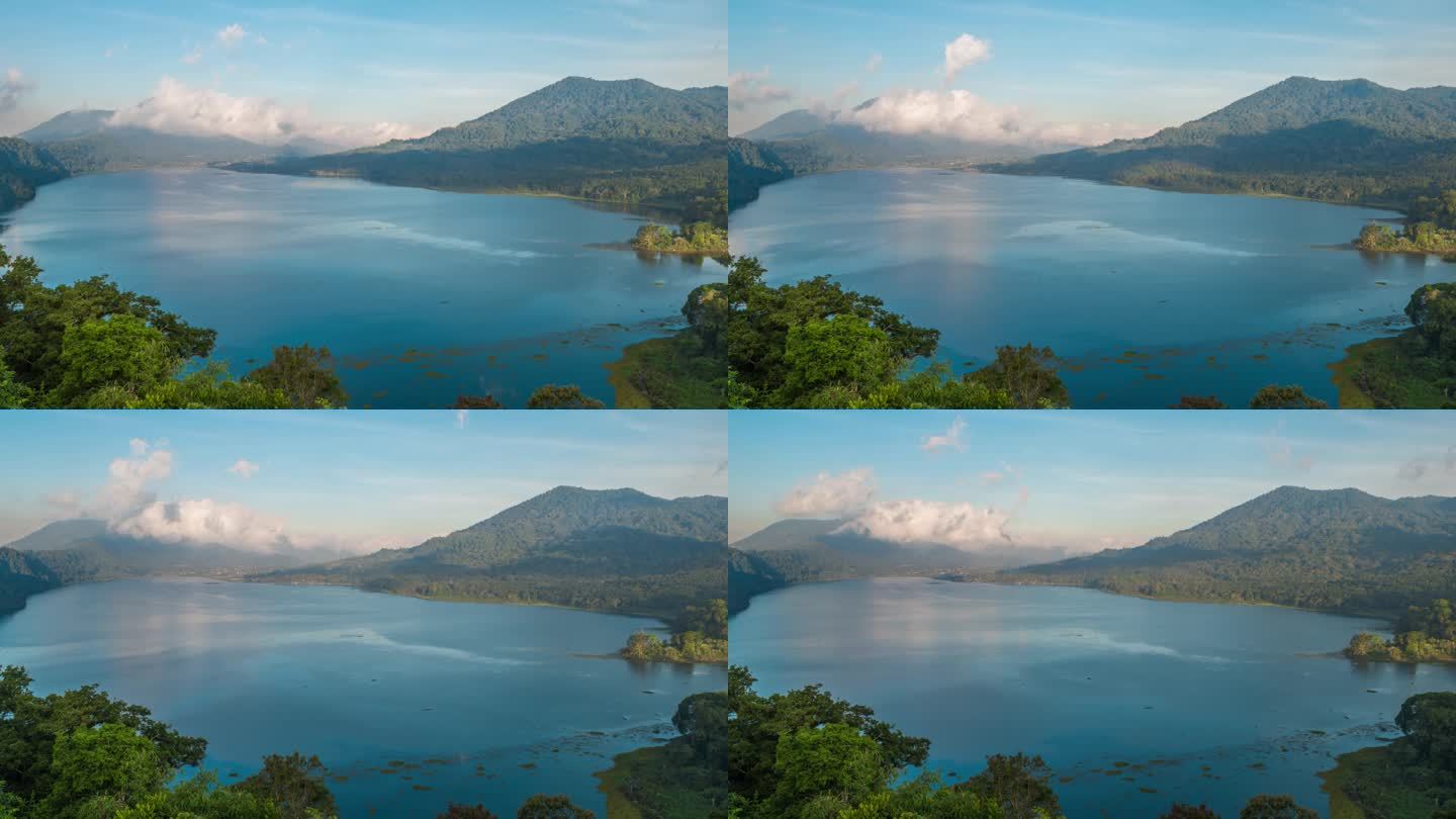 美丽的景色在湖。湖和山景从山, 扬湖, 巴厘岛。时差.从左到右