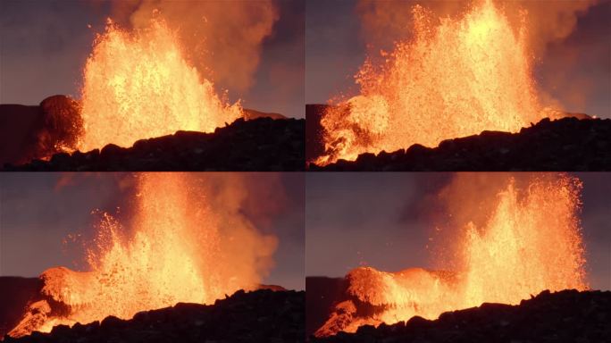 2021年冰岛黄昏缓慢运动时强烈的火山爆发