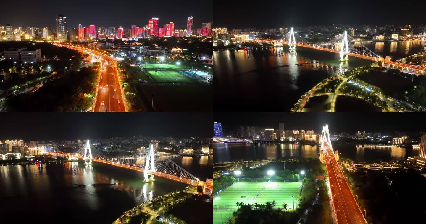 海南海口市世纪大桥及城市全景夜景延时航拍