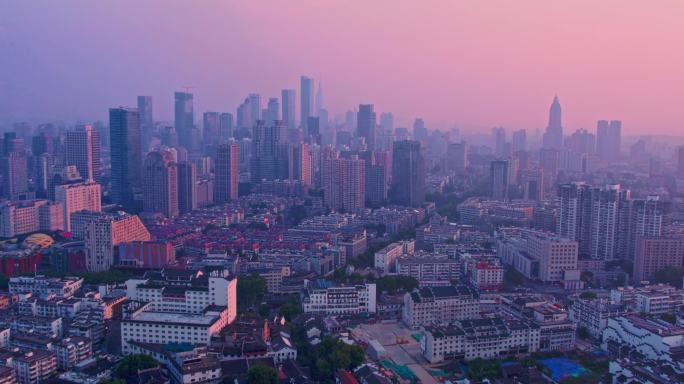 航拍清晨日出光影南京玄武区地标建筑素材