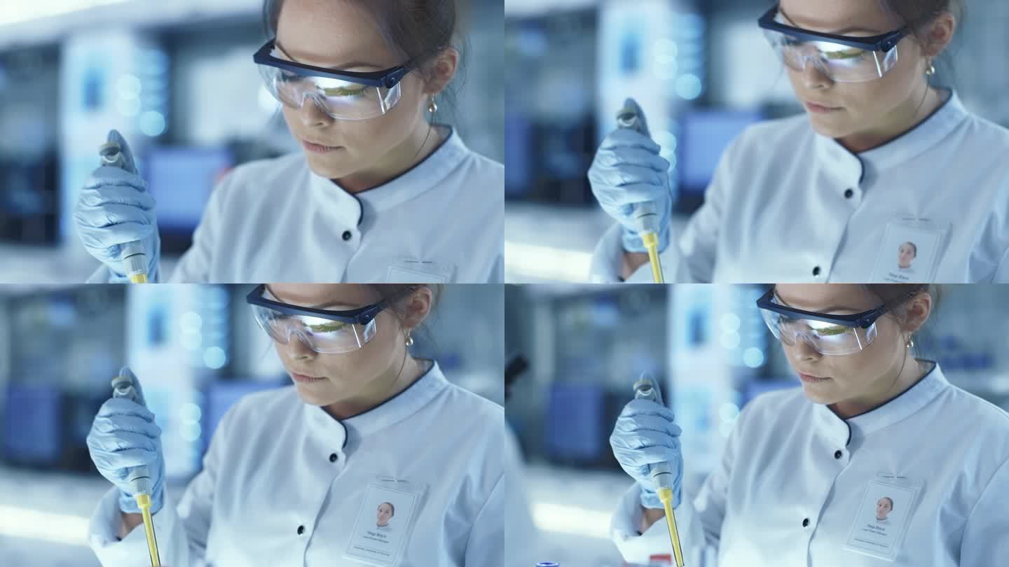 女性研究的科学家在一个大型的现代化实验室使用微管吸吮灌装试管。在背景科学家的工作.