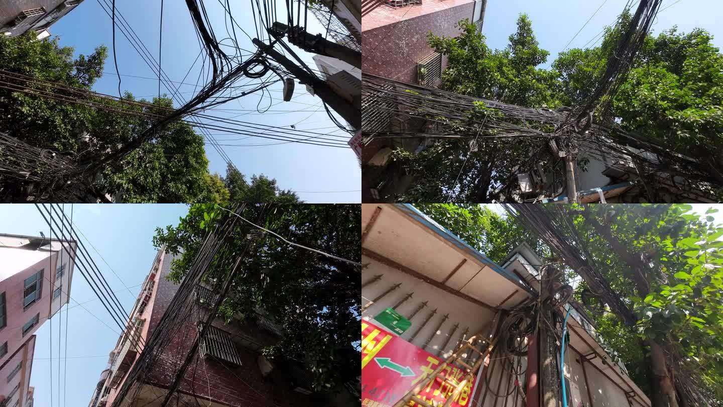 电网光纤光缆电线城中街道杂乱