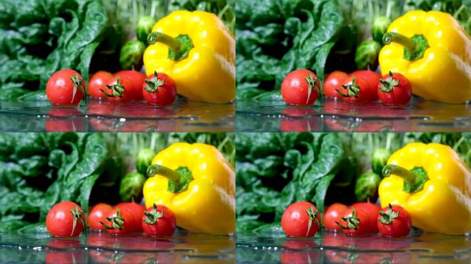 水流冲刷蔬菜，在滤清器的密闭中从甜椒上飞溅下来，动作缓慢。优质全高清影片