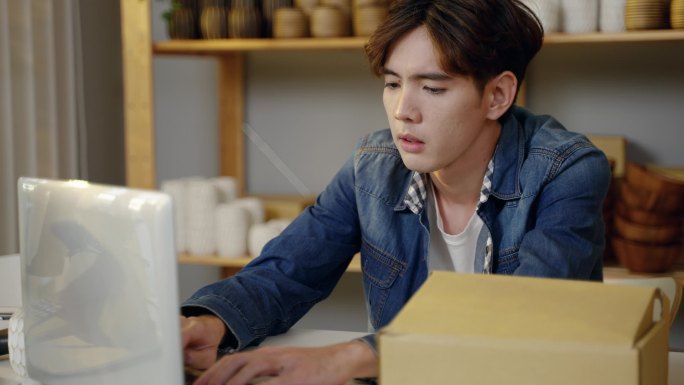 在网上销售花瓶的亚洲年轻人在笔记本电脑前压力很大，原因是网上销售下滑