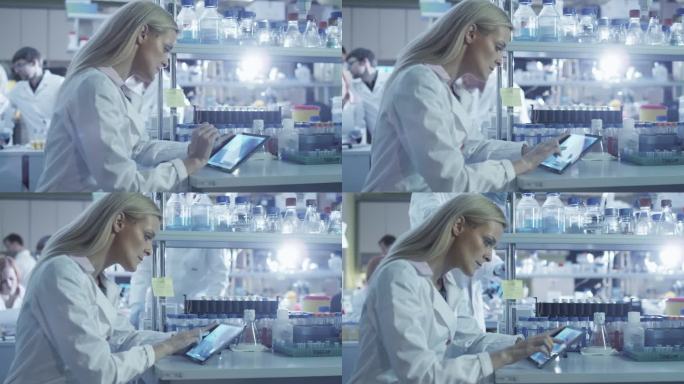 女科学家在实验室里工作时使用一台平板电脑.