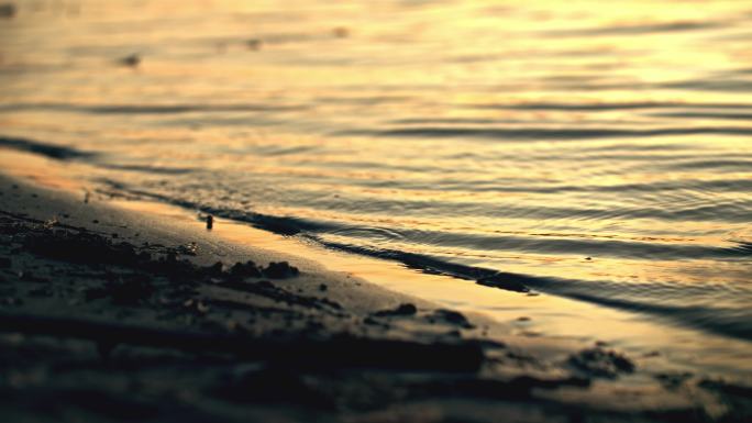 金色水浪拍打夕阳沙滩岸边潮水