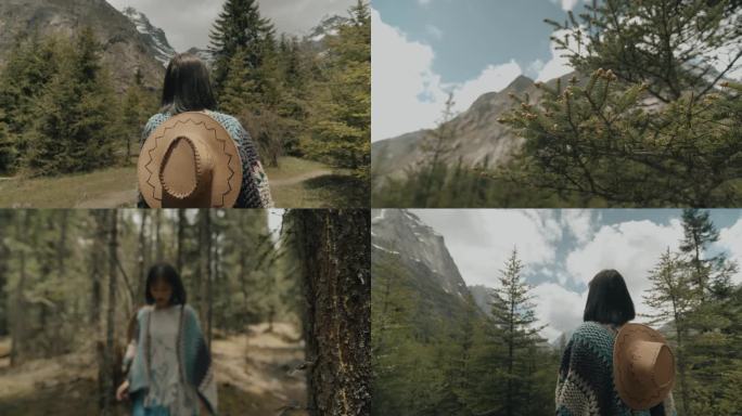 少女行走在森林中 原始森林 雪山 高原