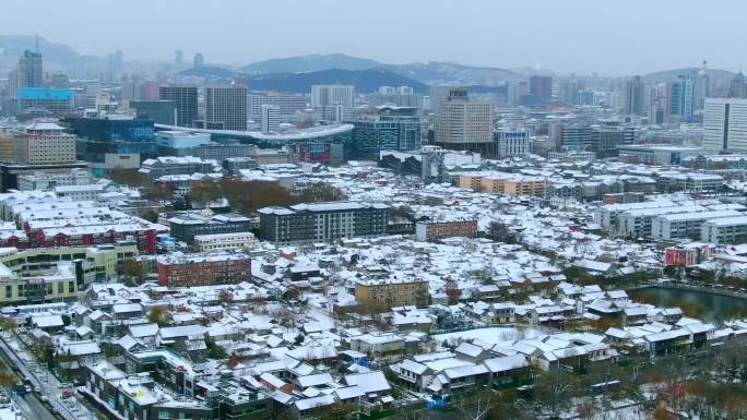 山东济南大明湖百花洲明府城雪景航拍