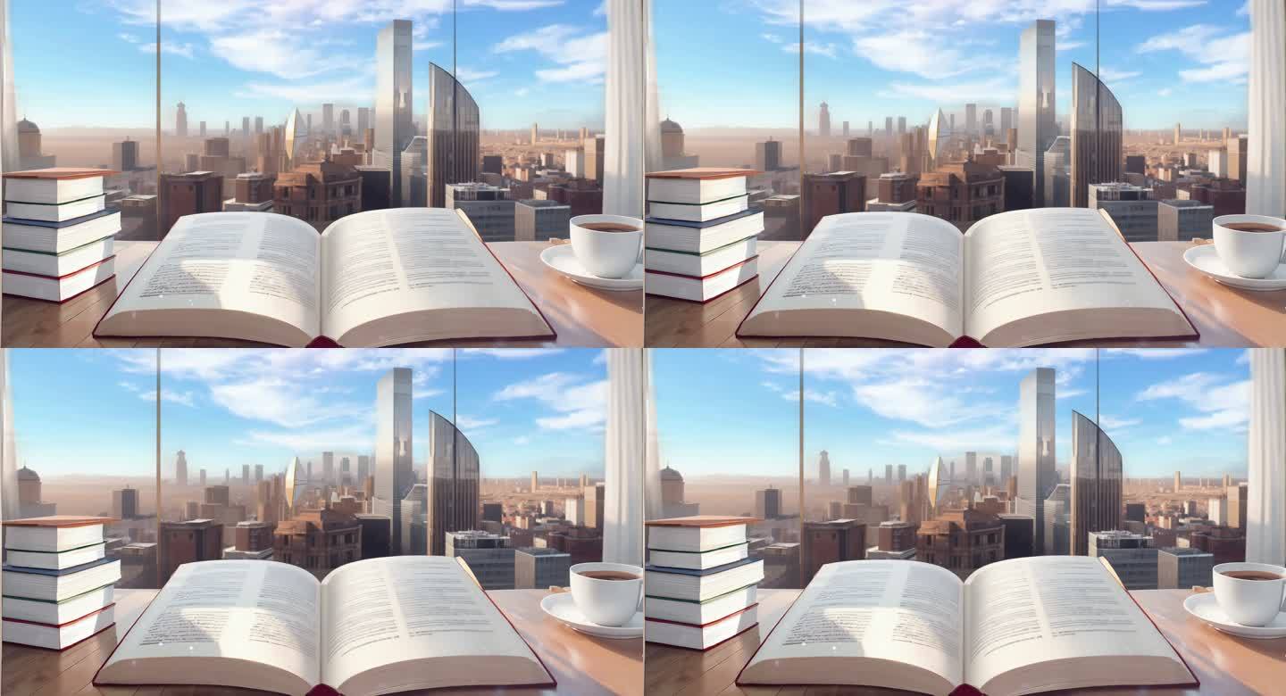 朗诵书桌书本城市背景视频