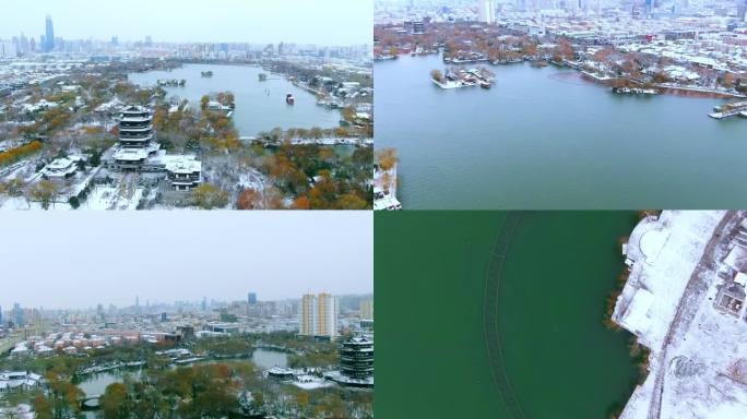 山东济南大明湖雪景航拍冬天