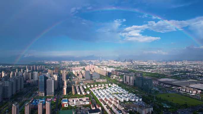 航拍苏州夏季雨后彩虹