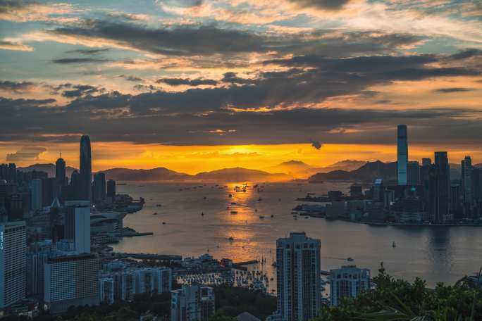 香港维多利亚港城市日落晚霞夜景延时