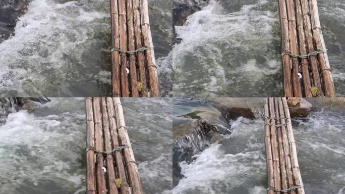 独木桥横跨竹桥水泉流走泉水叮咚流水潺潺