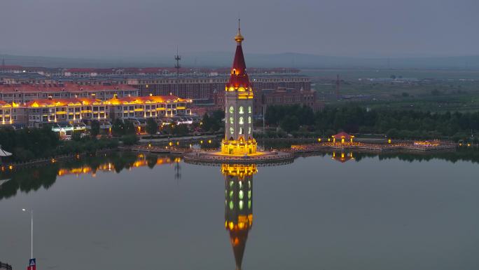 4K航拍呼伦贝尔满洲里城市夜景4