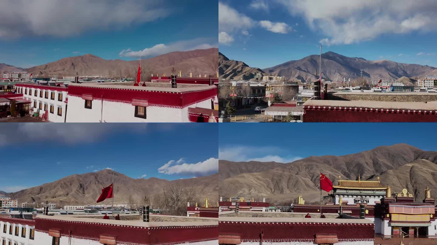 西藏寺庙升旗 山南市寺庙升国旗