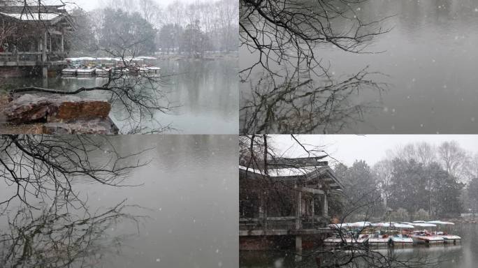 公园湖边大雪纷飞