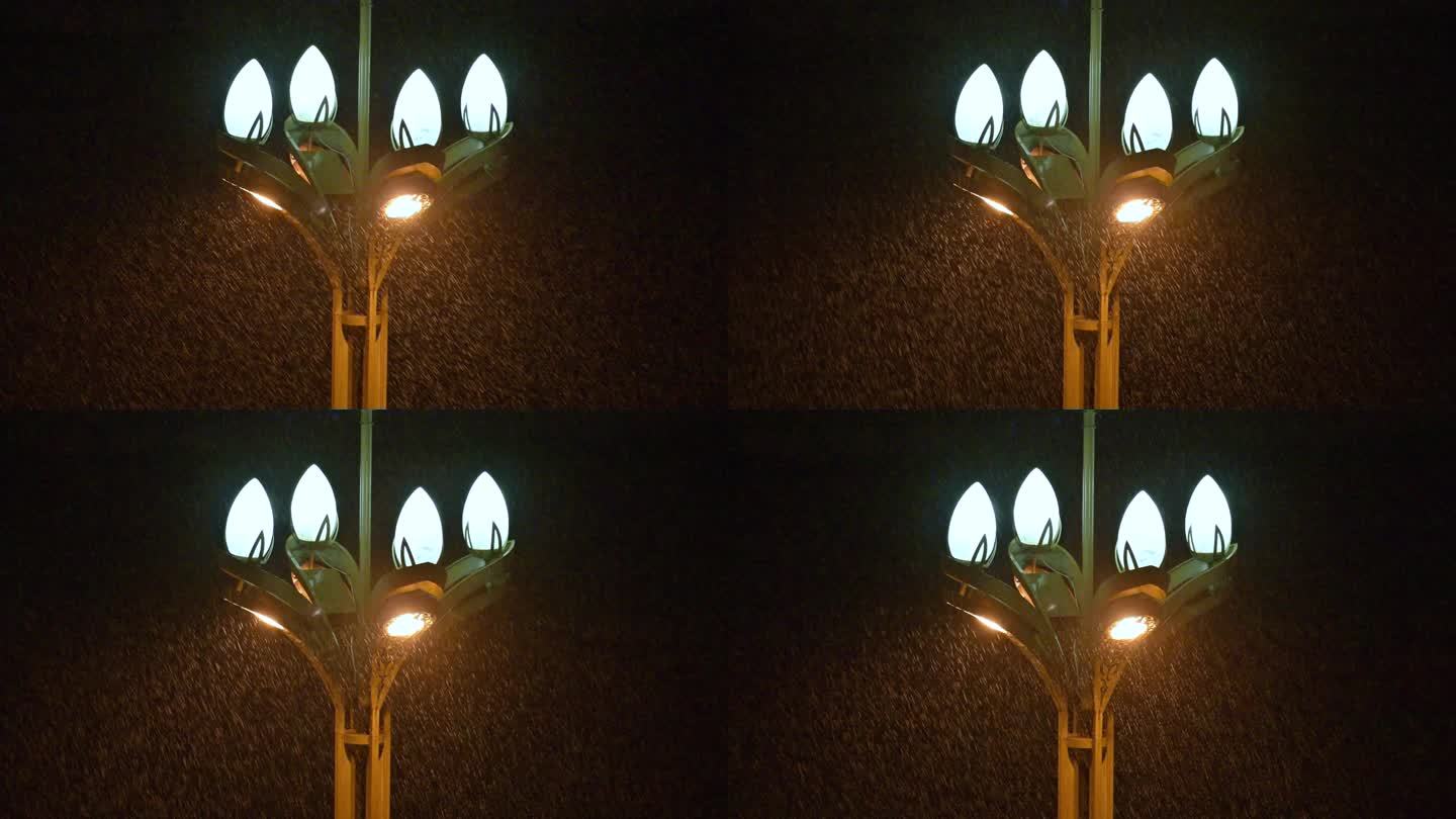 下雨天夜晚路灯下暴雨下大雨视频素材
