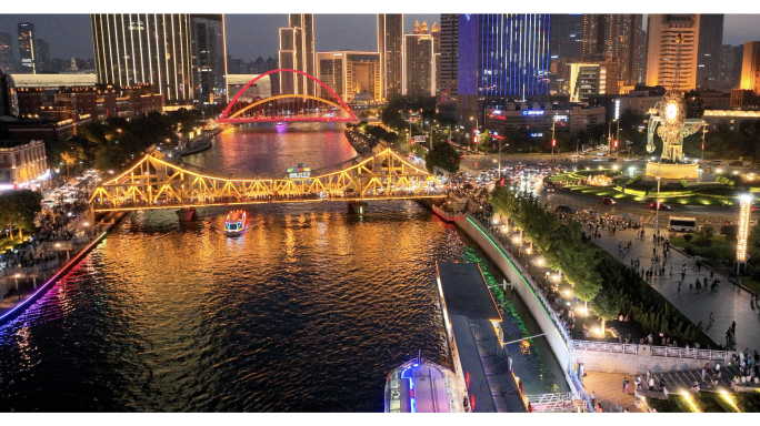 天津地标世纪钟解放桥海河景观航拍一镜到底