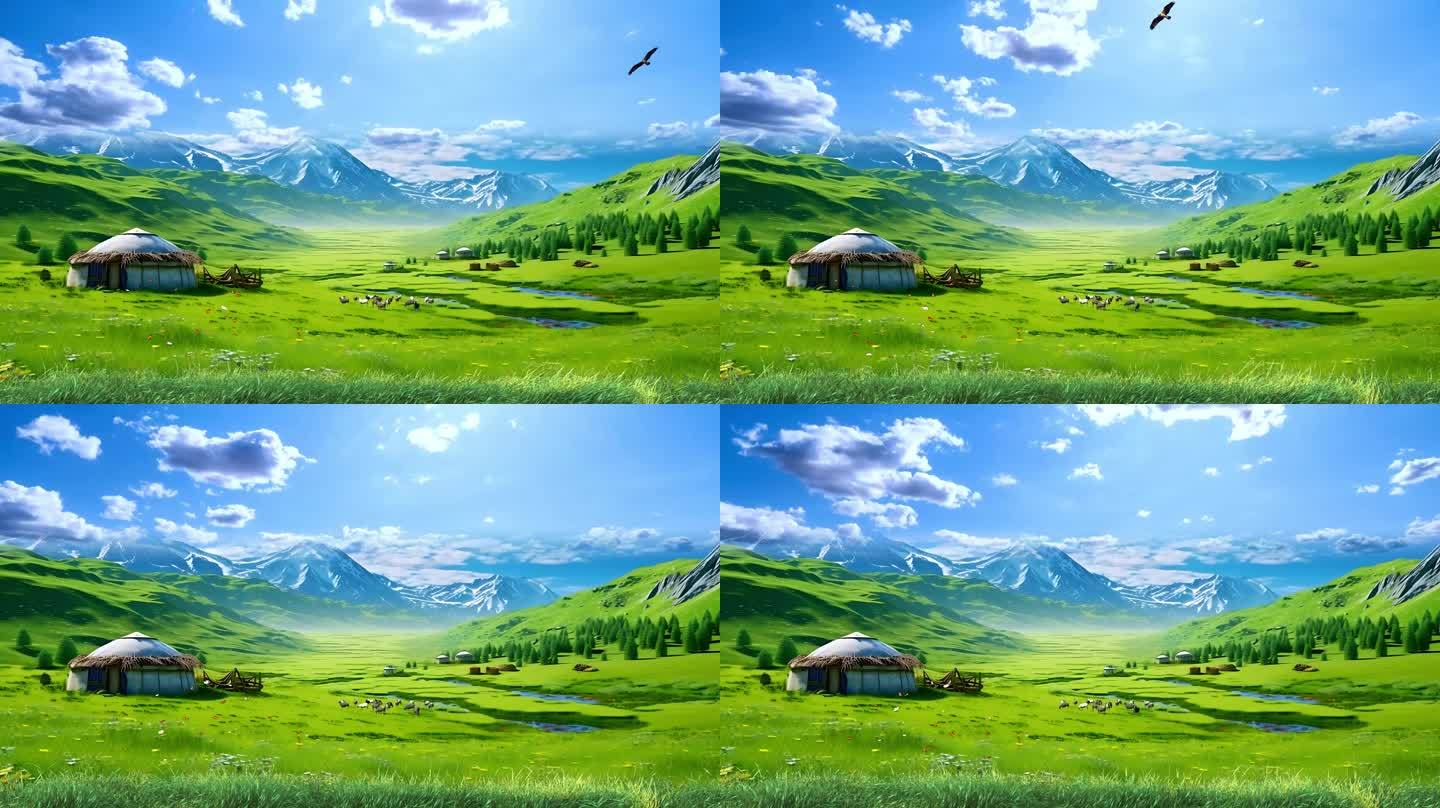 雪山草原雄鹰蒙古包