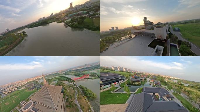 穿越机航拍夕阳中国大运河博物馆大运塔周边