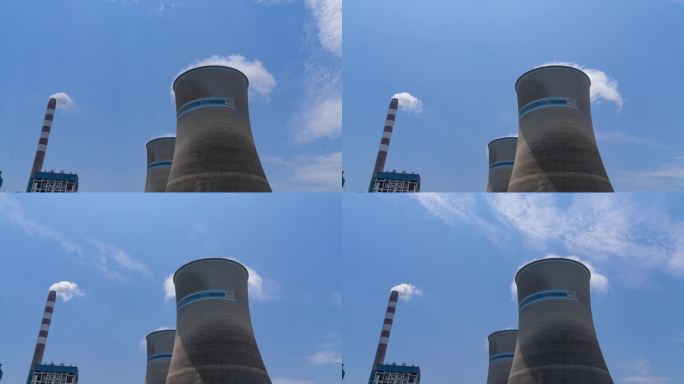 电站发电厂冷却塔蒸汽烟囱白烟排放4k素材
