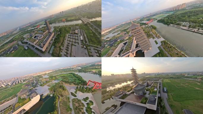 穿越机航拍夕阳中国大运河博物馆大运塔周边