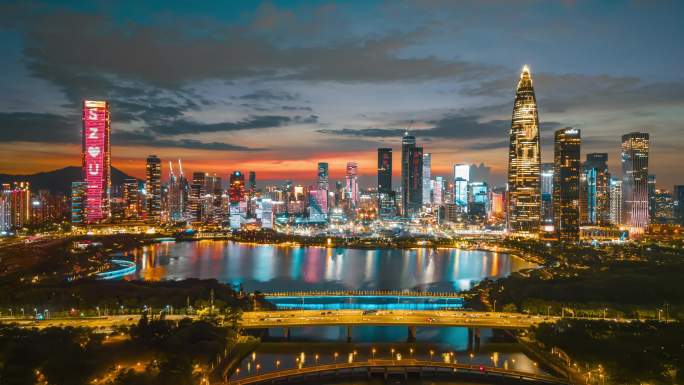 深圳晚霞后海夜景航拍粤港澳大湾区延时摄影