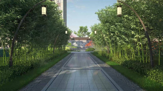 新中式圆形拱门竹林步道动画