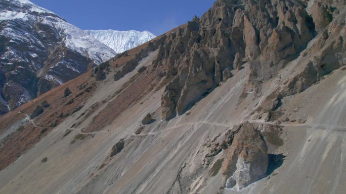 空中鸟瞰徒步旅行者在阳光明媚的天气条件下徒步前往喜马拉雅山脉高山上的蒂利科大本营。徒步小径和尼泊尔的