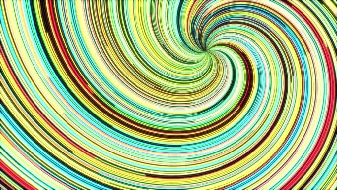 抽象的彩色霓虹线条扭曲流动的种族背景环。旋转光线明亮无缝动画背景。扭转创意跑线运动设计。
